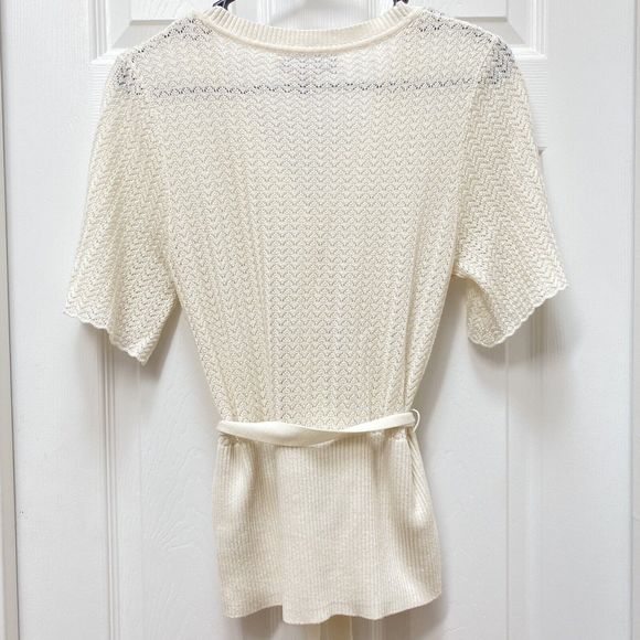 Nine & Co By Nine West V-neck Open Knit Button Front Short Sleeve Ivory Top - Picture 3 of 3
